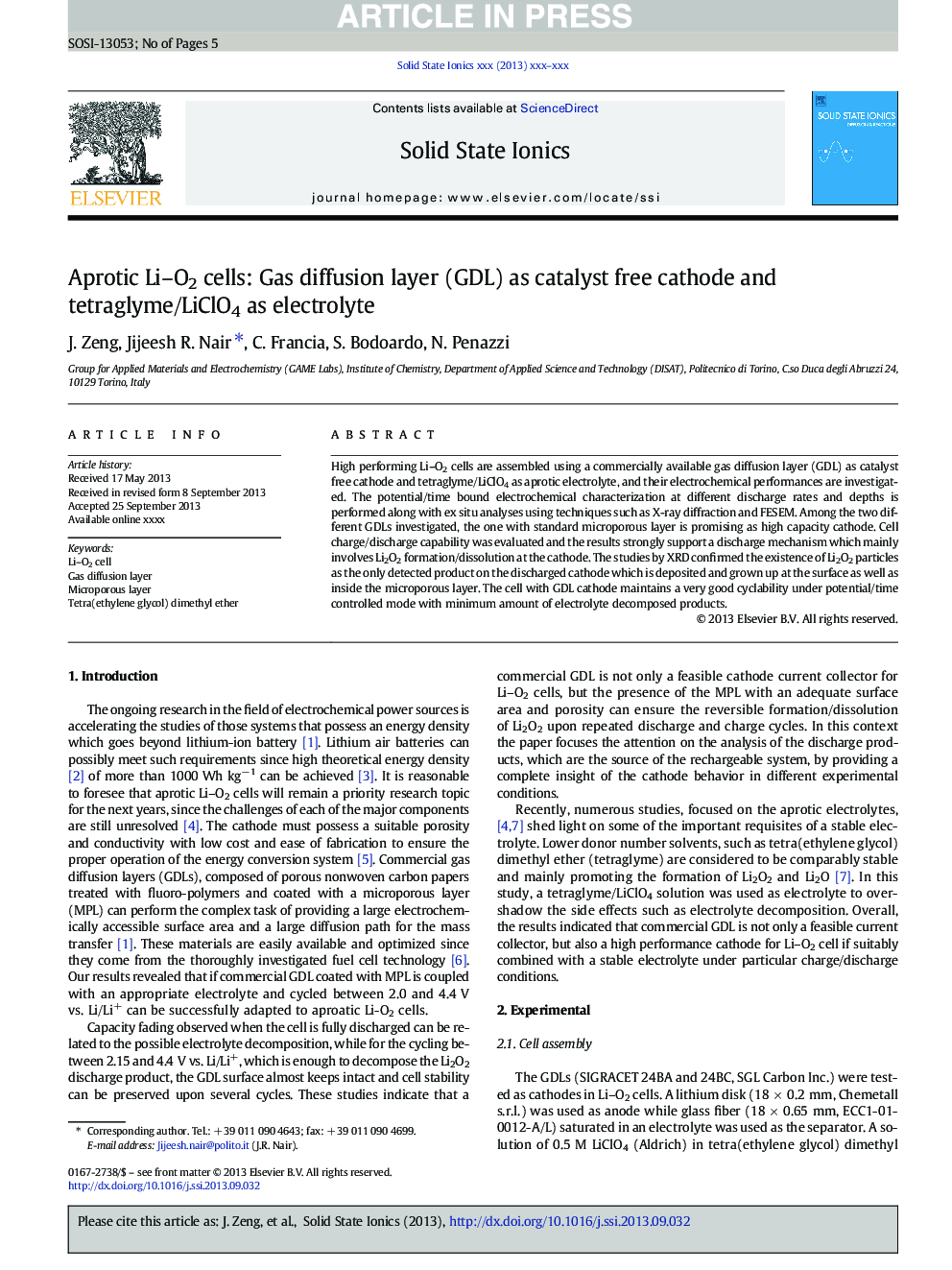 Aprotic Li-O2 cells: Gas diffusion layer (GDL) as catalyst free cathode and tetraglyme/LiClO4 as electrolyte