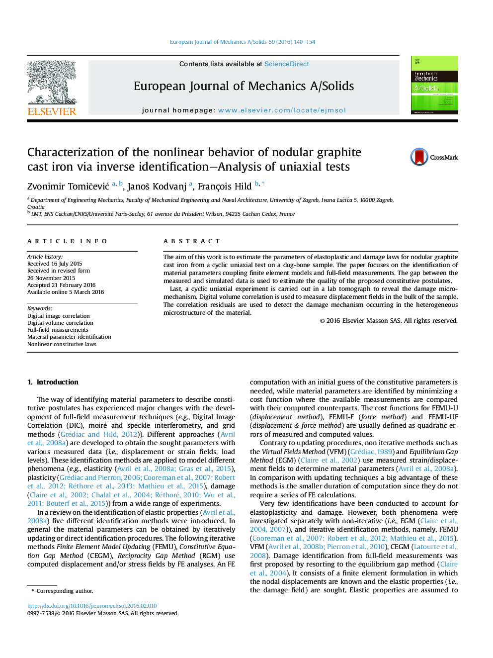 Characterization of the nonlinear behavior of nodular graphite cast iron via inverse identification–Analysis of uniaxial tests