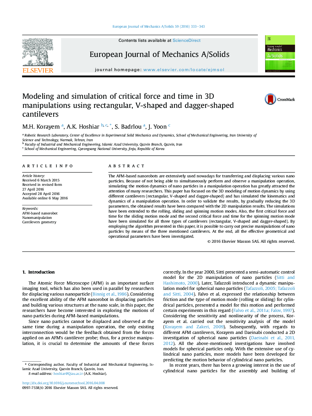 Modeling and simulation of critical force and time in 3D manipulations using rectangular, V-shaped and dagger-shaped cantilevers