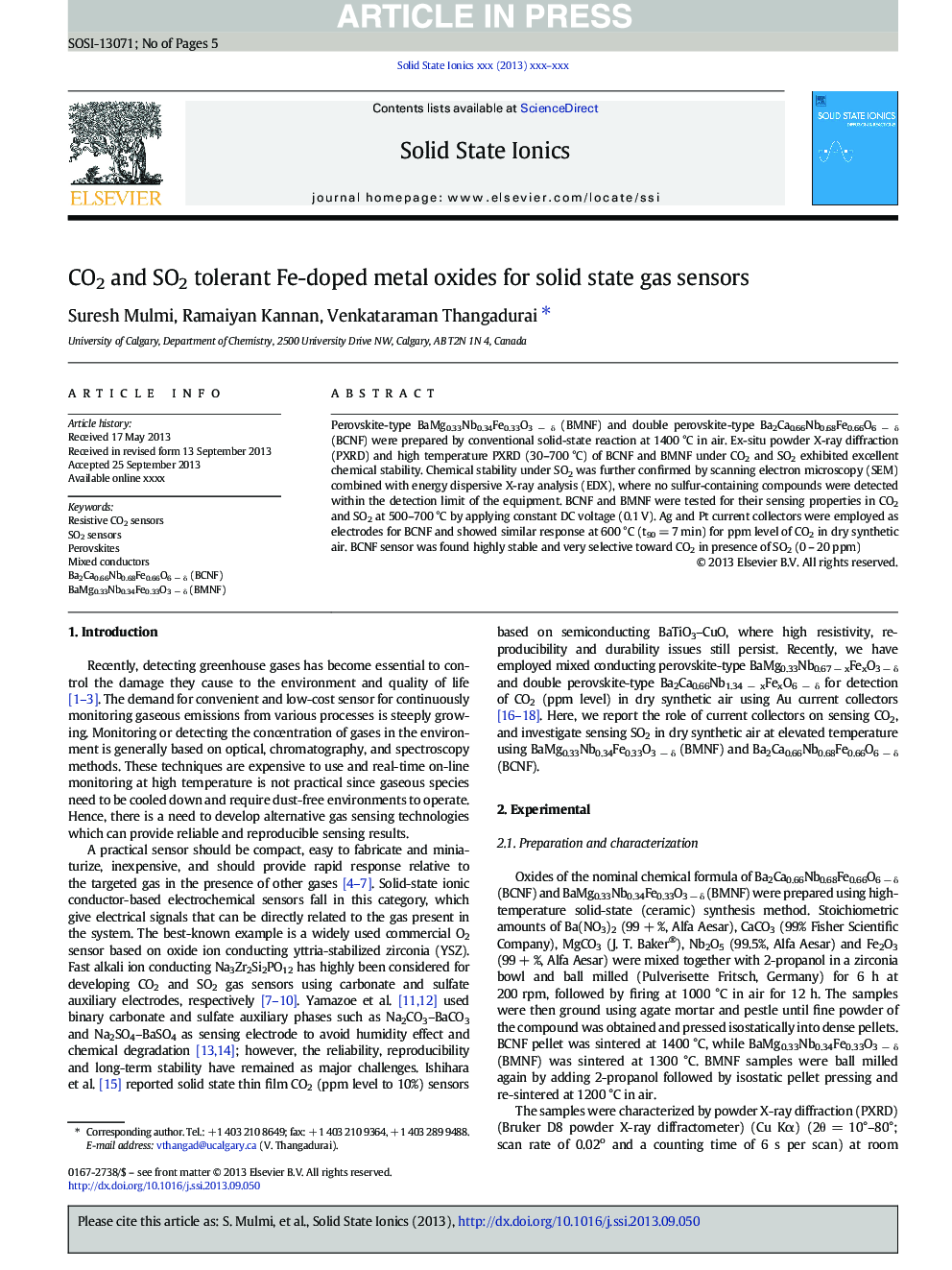 CO2 and SO2 tolerant Fe-doped metal oxides for solid state gas sensors