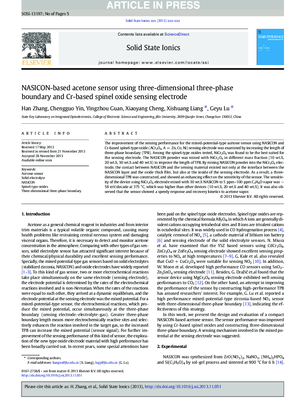 NASICON-based acetone sensor using three-dimensional three-phase boundary and Cr-based spinel oxide sensing electrode