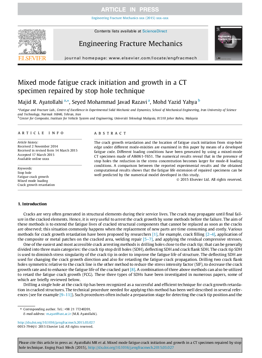 Mixed mode fatigue crack initiation and growth in a CT specimen repaired by stop hole technique