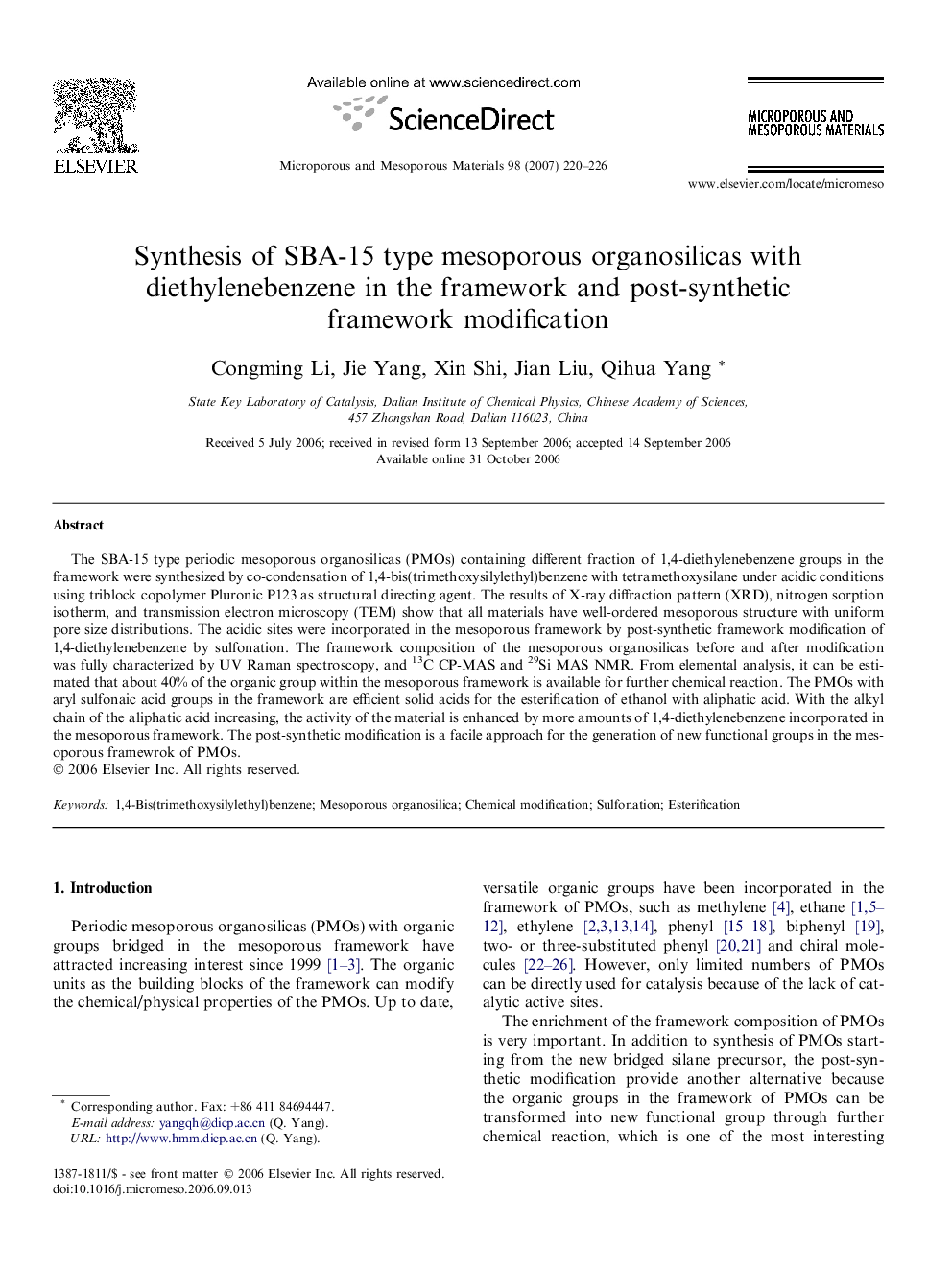 Synthesis of SBA-15 type mesoporous organosilicas with diethylenebenzene in the framework and post-synthetic framework modification