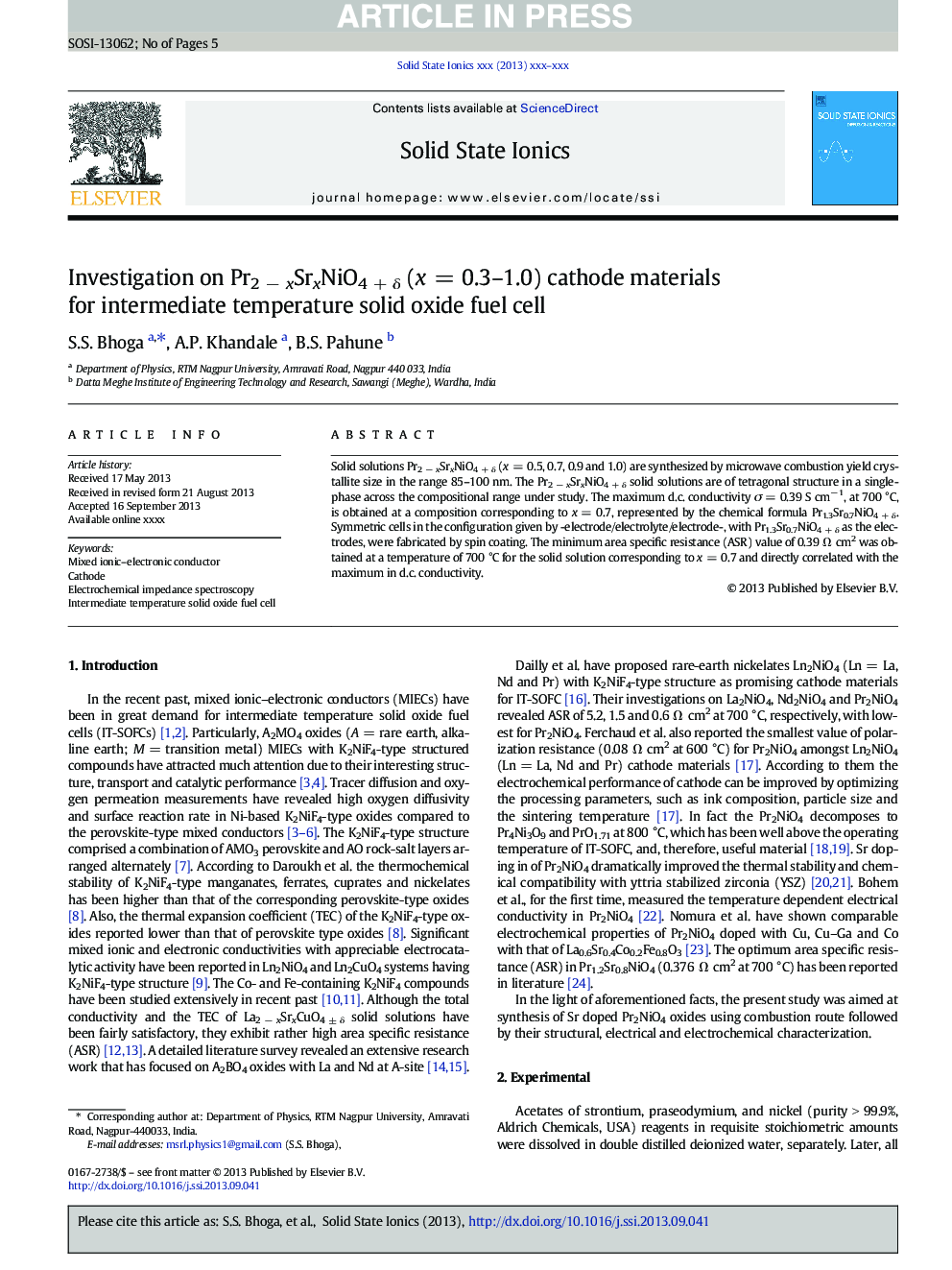 Investigation on Pr2Â âÂ xSrxNiO4Â +Â Î´ (xÂ =Â 0.3-1.0) cathode materials for intermediate temperature solid oxide fuel cell