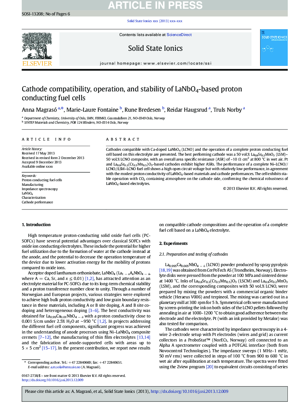 Cathode compatibility, operation, and stability of LaNbO4-based proton conducting fuel cells