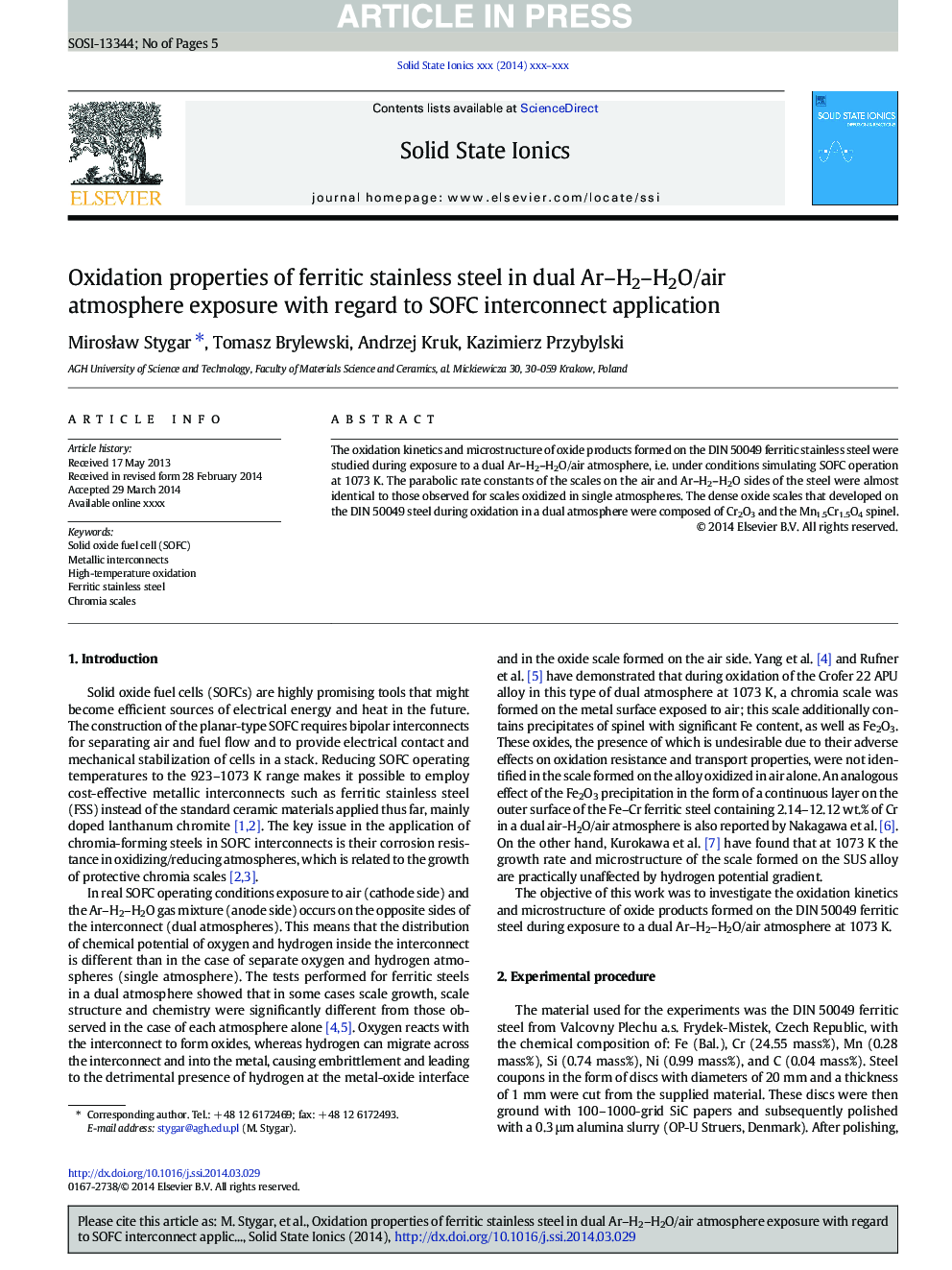 Oxidation properties of ferritic stainless steel in dual Ar-H2-H2O/air atmosphere exposure with regard to SOFC interconnect application