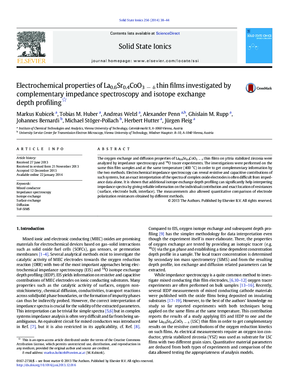 Electrochemical properties of La0.6Sr0.4CoO3Â âÂ Î´ thin films investigated by complementary impedance spectroscopy and isotope exchange depth profiling