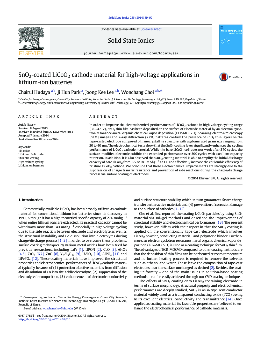 SnO2-coated LiCoO2 cathode material for high-voltage applications in lithium-ion batteries