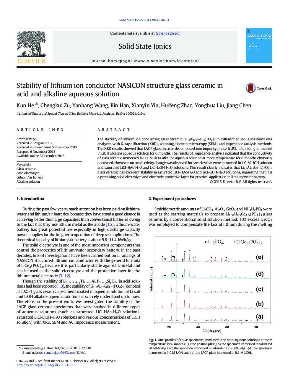 Stability of lithium ion conductor NASICON structure glass ceramic in acid and alkaline aqueous solution