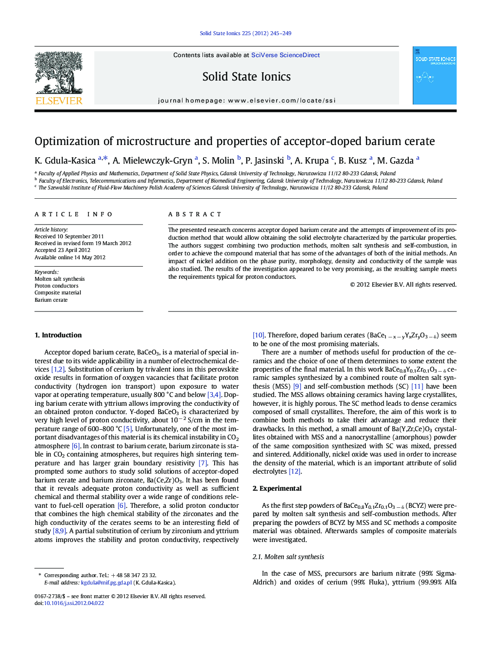 Optimization of microstructure and properties of acceptor-doped barium cerate