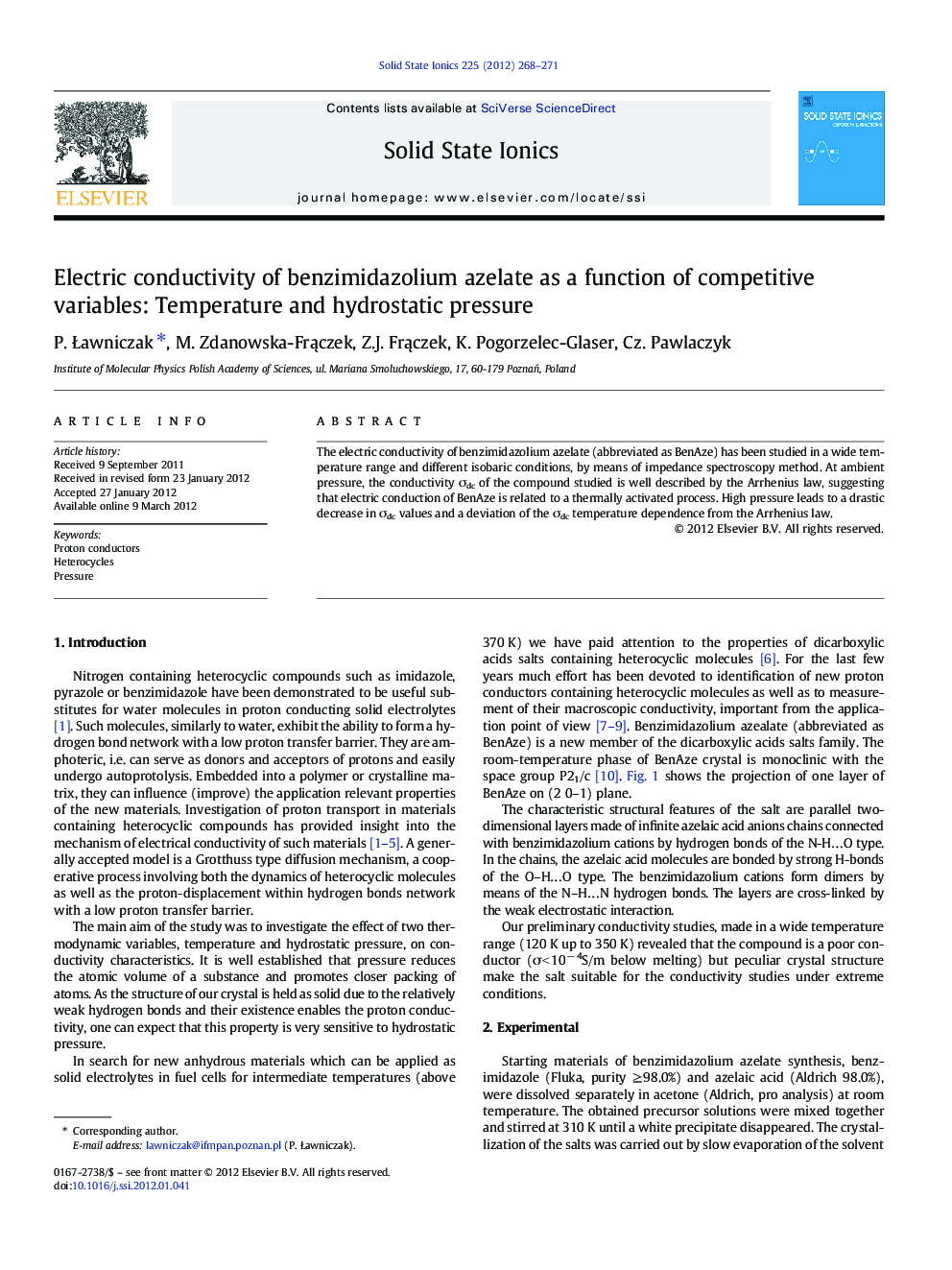 Electric conductivity of benzimidazolium azelate as a function of competitive variables: Temperature and hydrostatic pressure