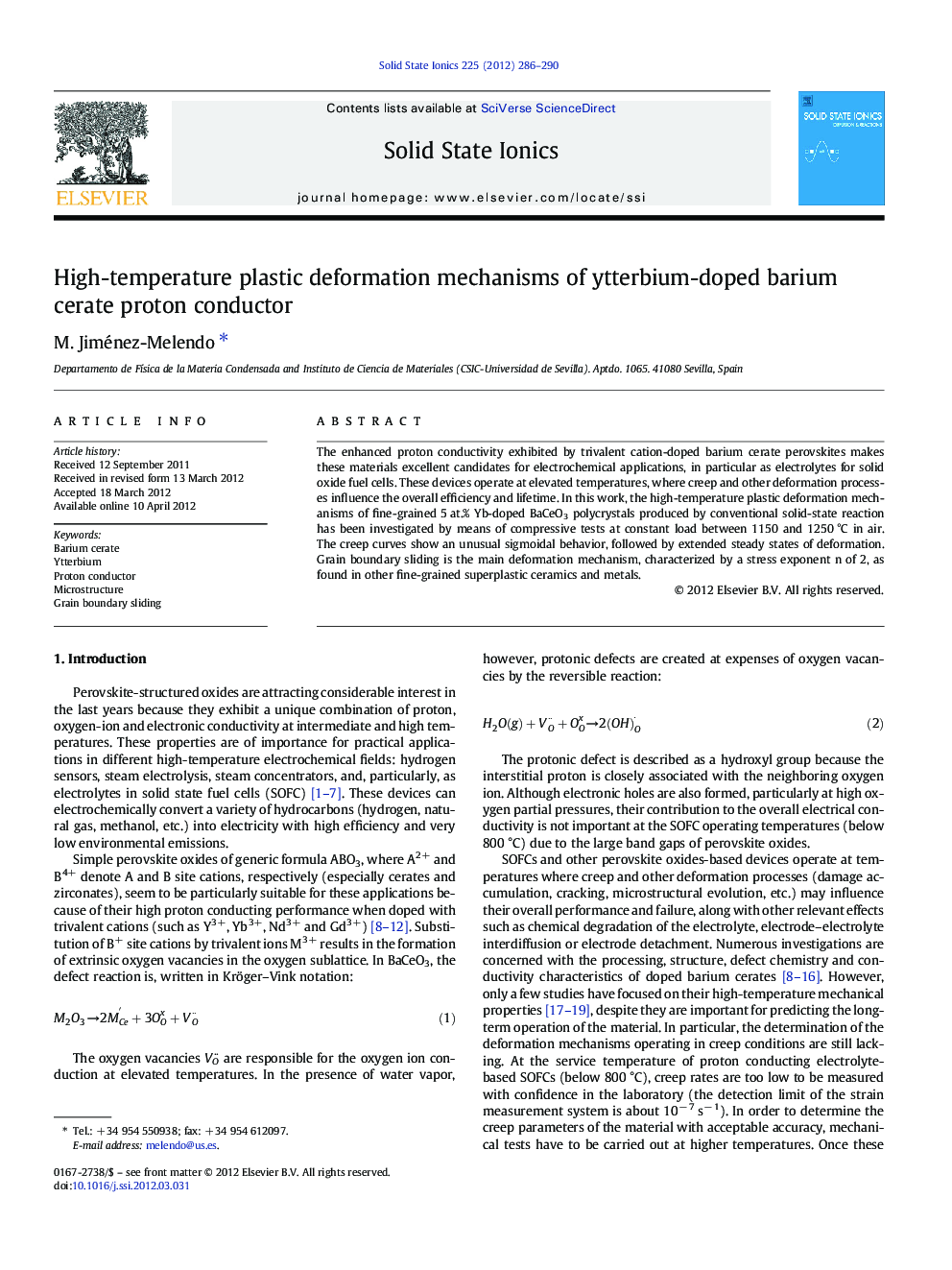 High-temperature plastic deformation mechanisms of ytterbium-doped barium cerate proton conductor