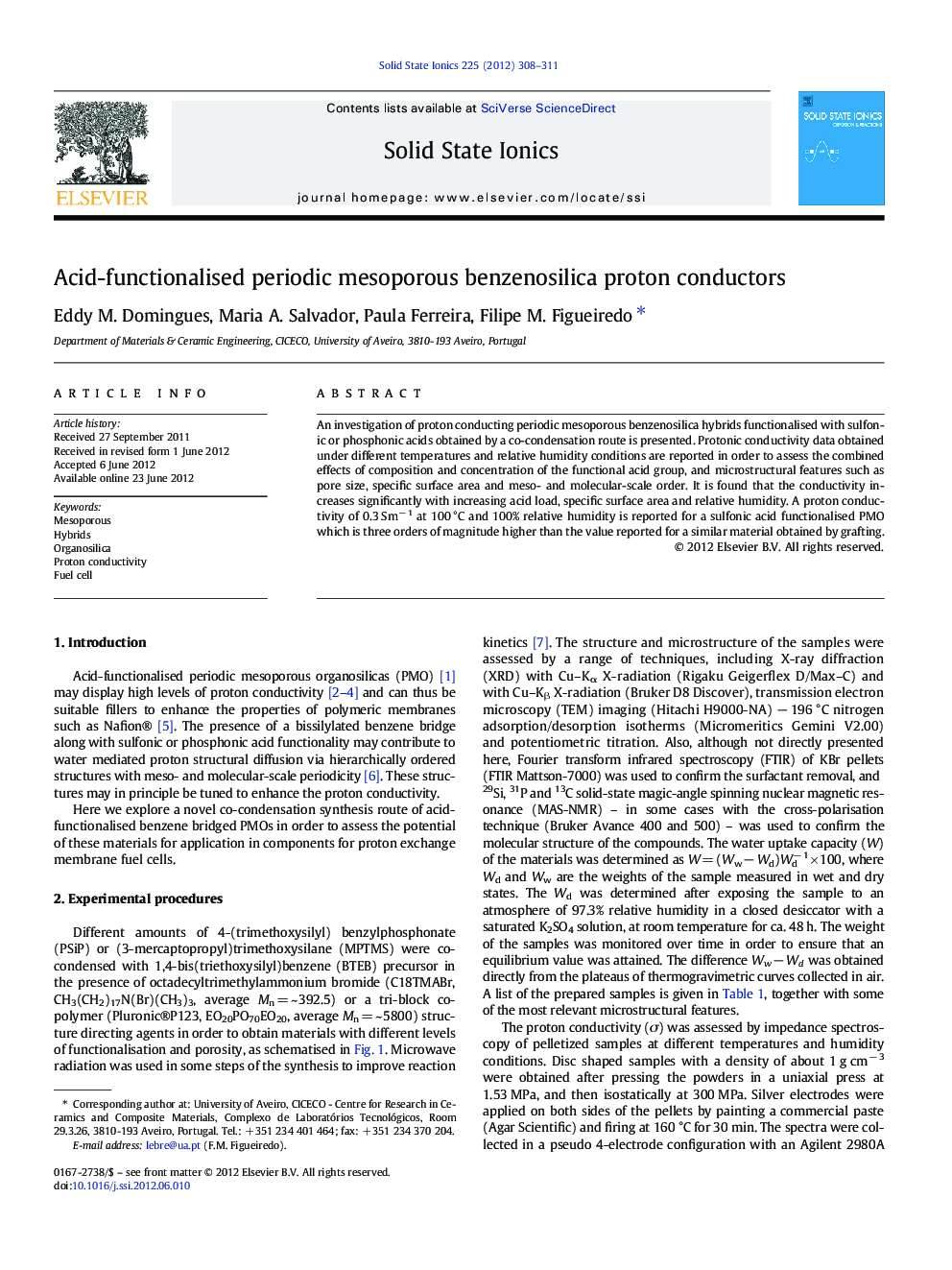 Acid-functionalised periodic mesoporous benzenosilica proton conductors