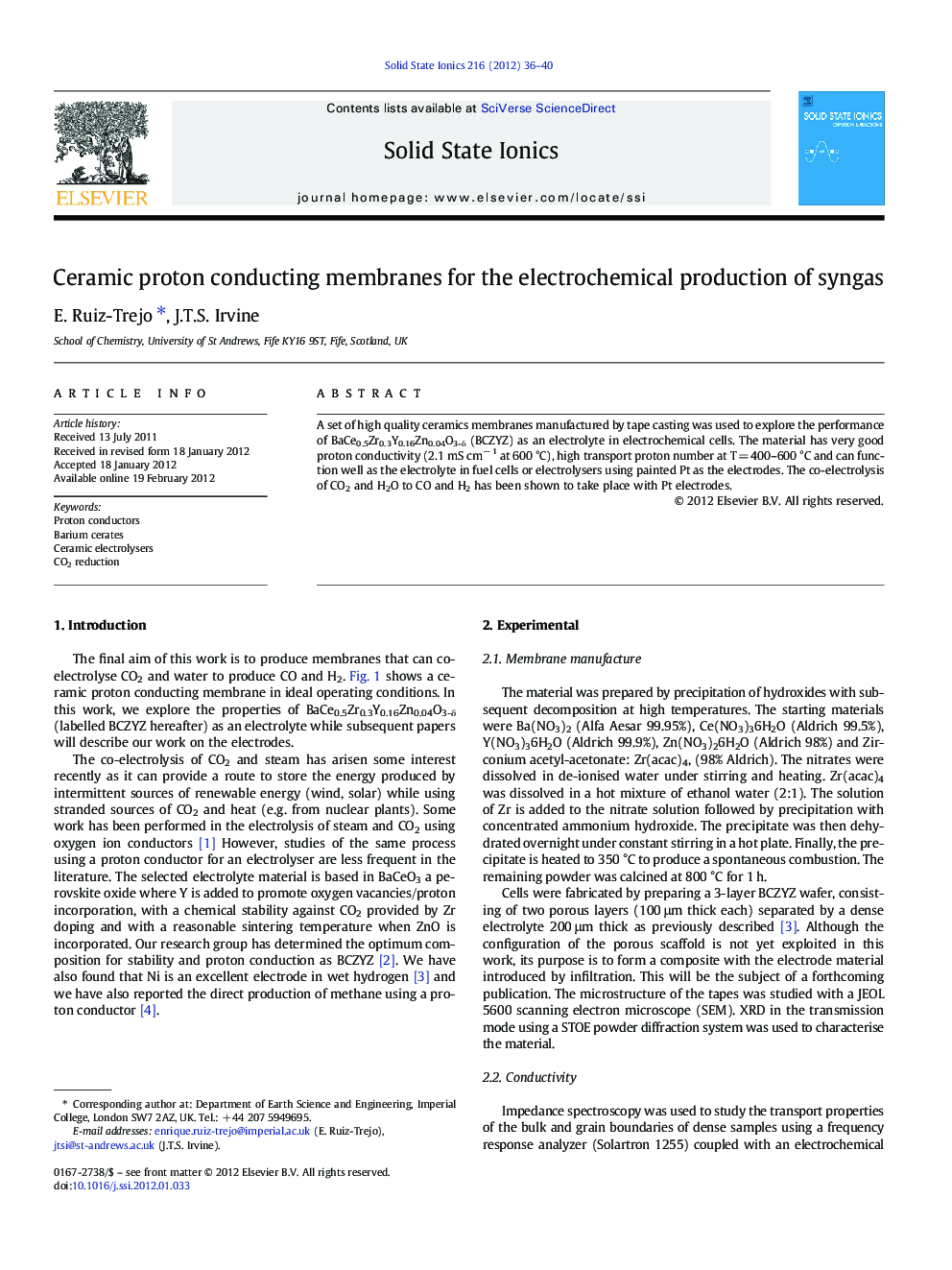 Ceramic proton conducting membranes for the electrochemical production of syngas