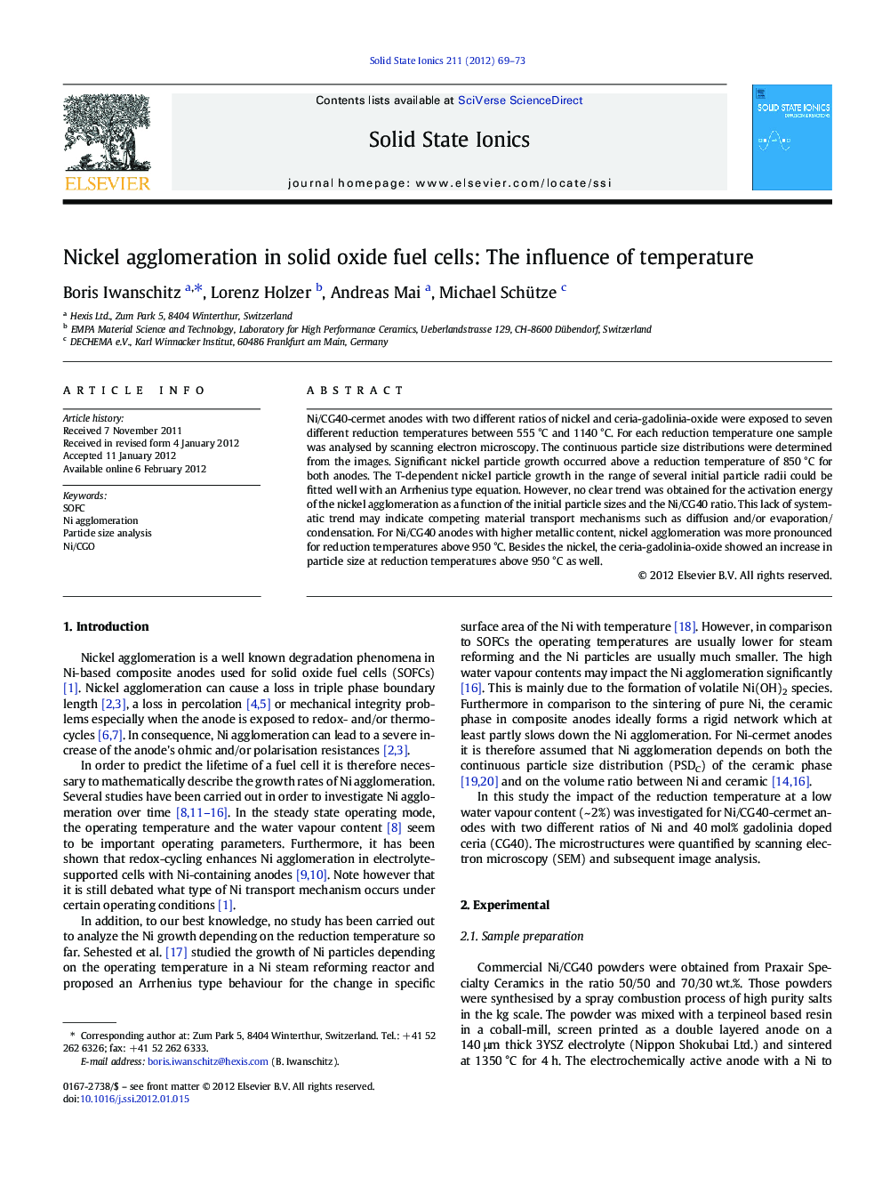 Nickel agglomeration in solid oxide fuel cells: The influence of temperature