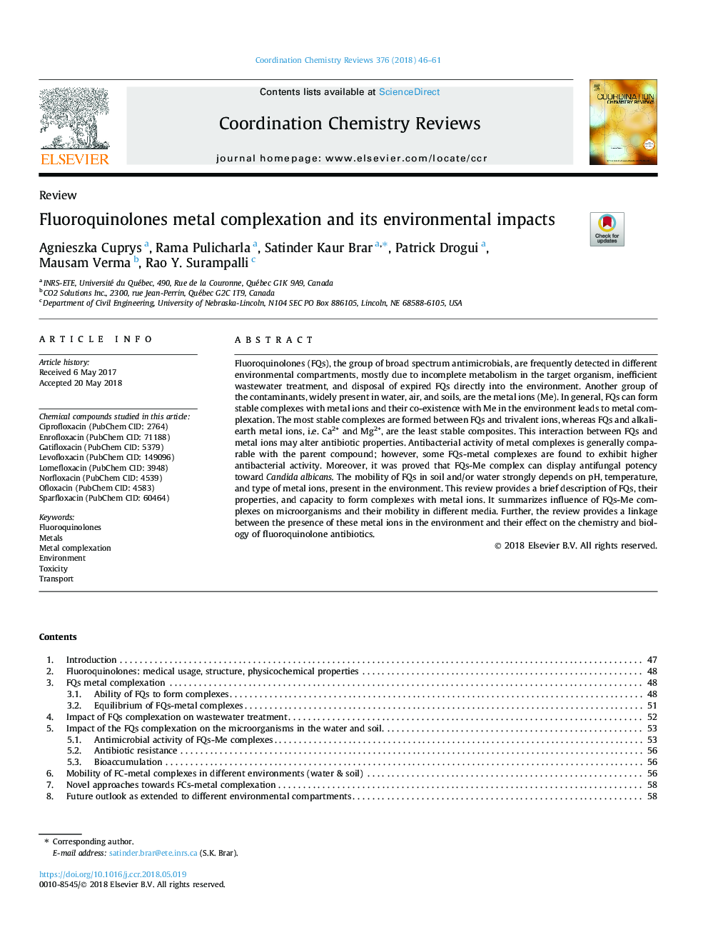 Fluoroquinolones metal complexation and its environmental impacts