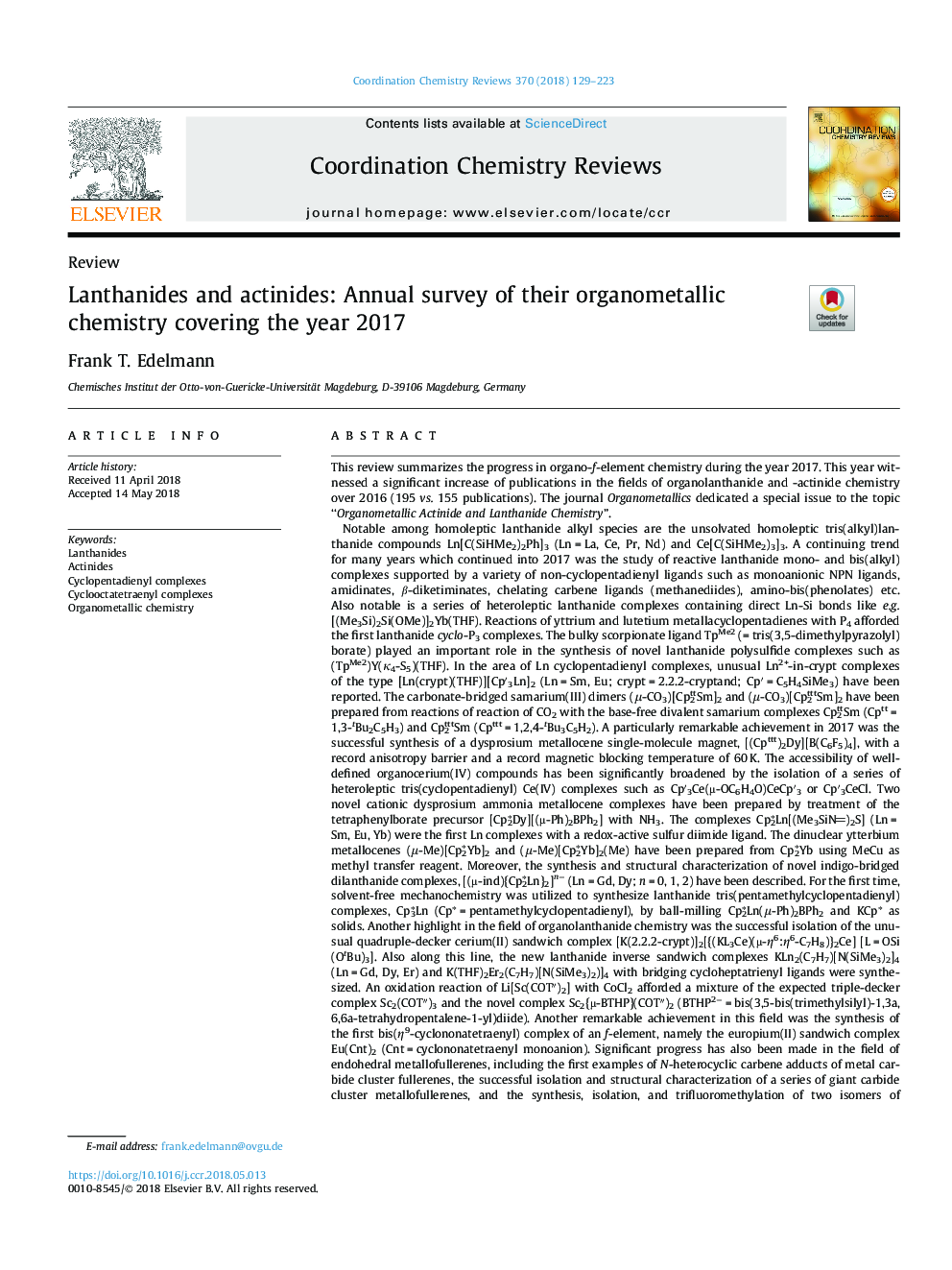 Lanthanides and actinides: Annual survey of their organometallic chemistry covering the year 2017