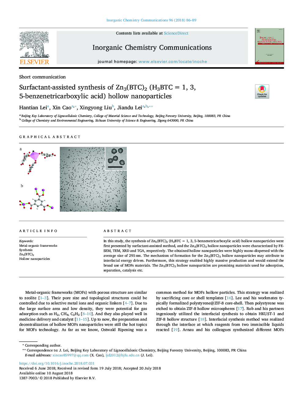 Surfactant-assisted synthesis of Zn3(BTC)2 (H3BTCâ¯=â¯1, 3, 5âbenzenetricarboxylic acid) hollow nanoparticles