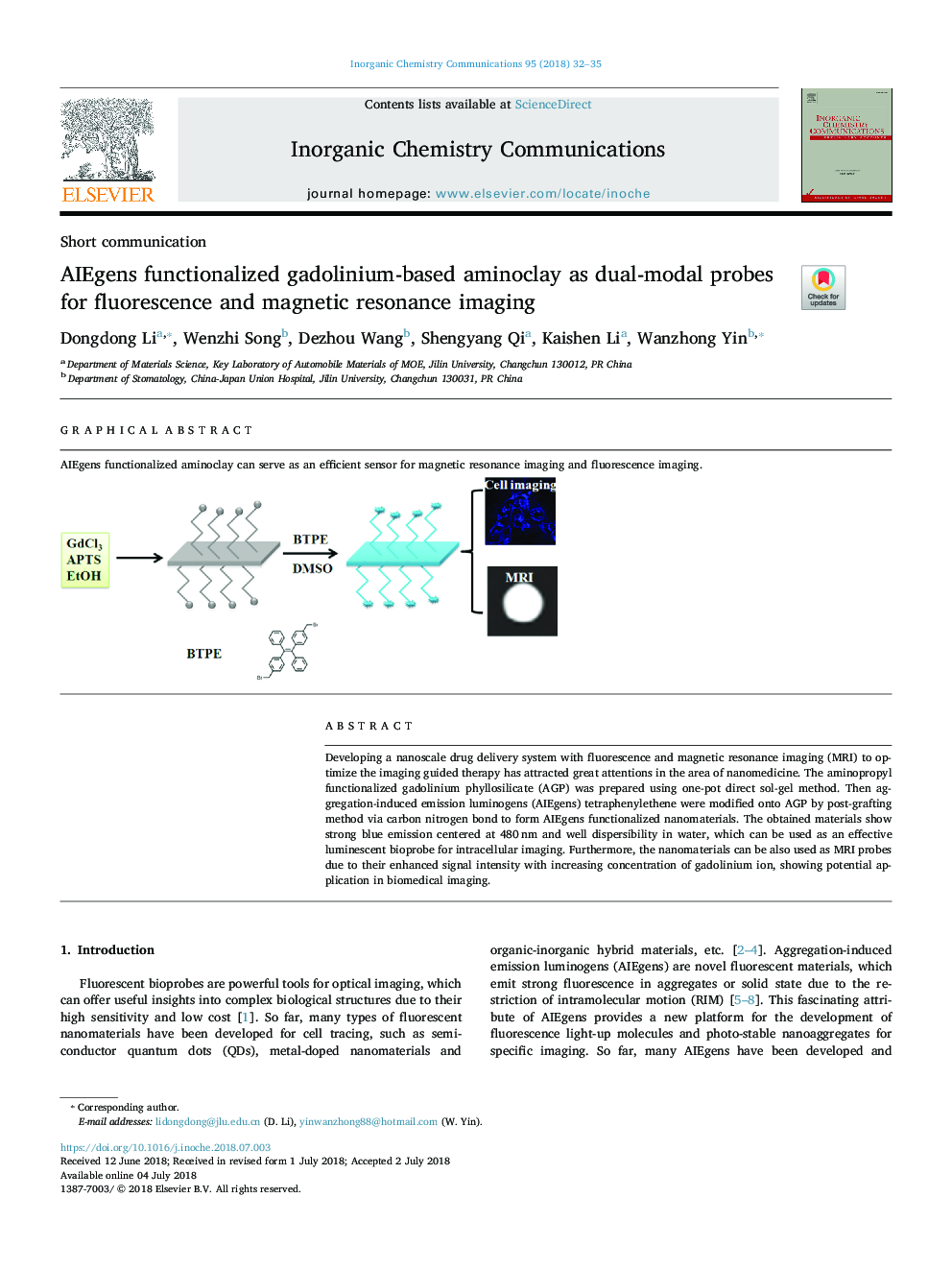 AIEgens functionalized gadolinium-based aminoclay as dual-modal probes for fluorescence and magnetic resonance imaging