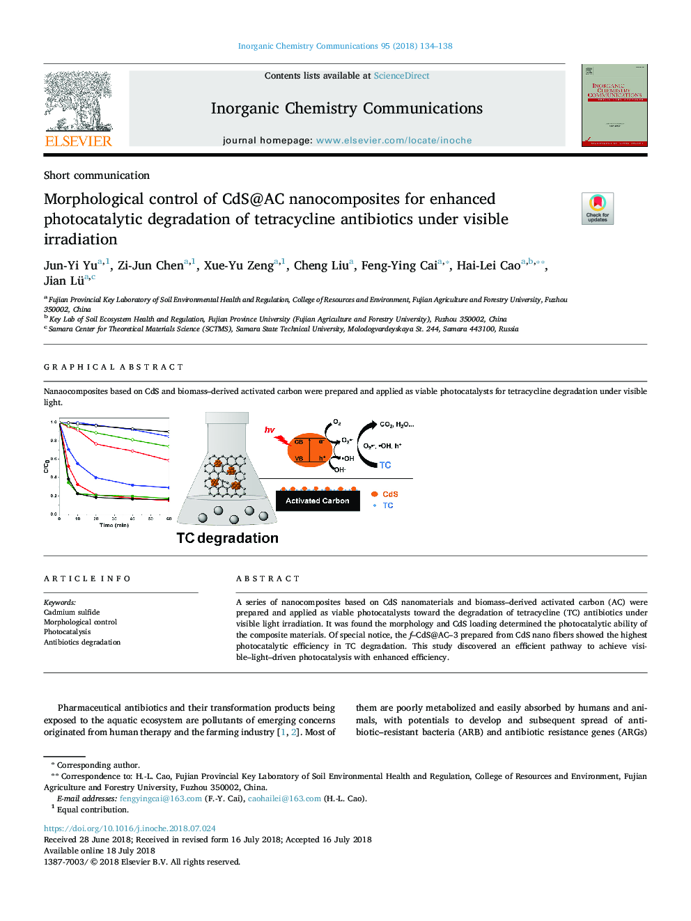Morphological control of CdS@AC nanocomposites for enhanced photocatalytic degradation of tetracycline antibiotics under visible irradiation