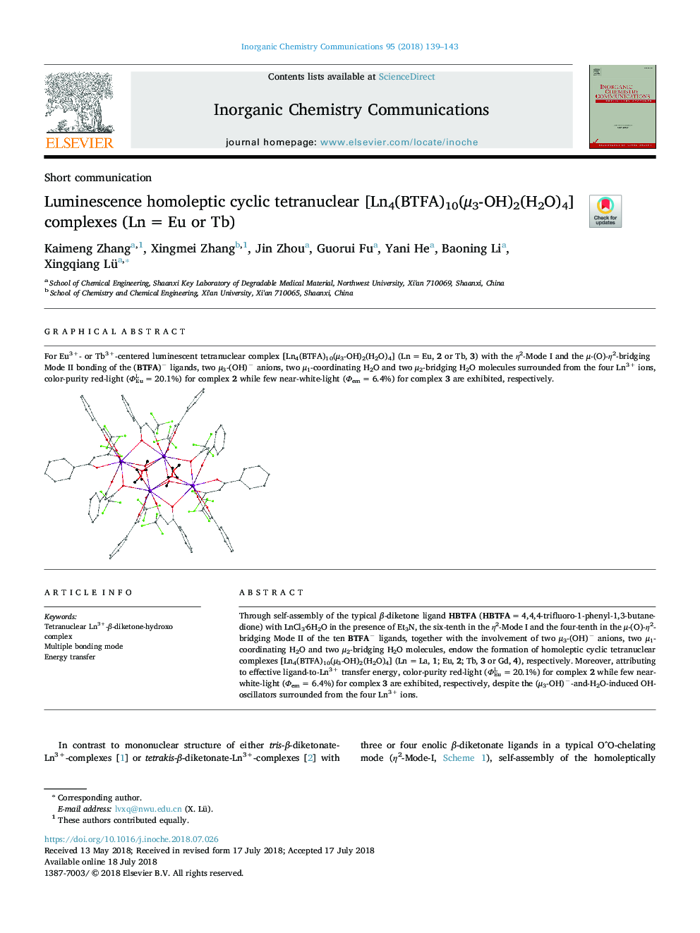 Luminescence homoleptic cyclic tetranuclear [Ln4(BTFA)10(Î¼3-OH)2(H2O)4] complexes (Lnâ¯=â¯Eu or Tb)