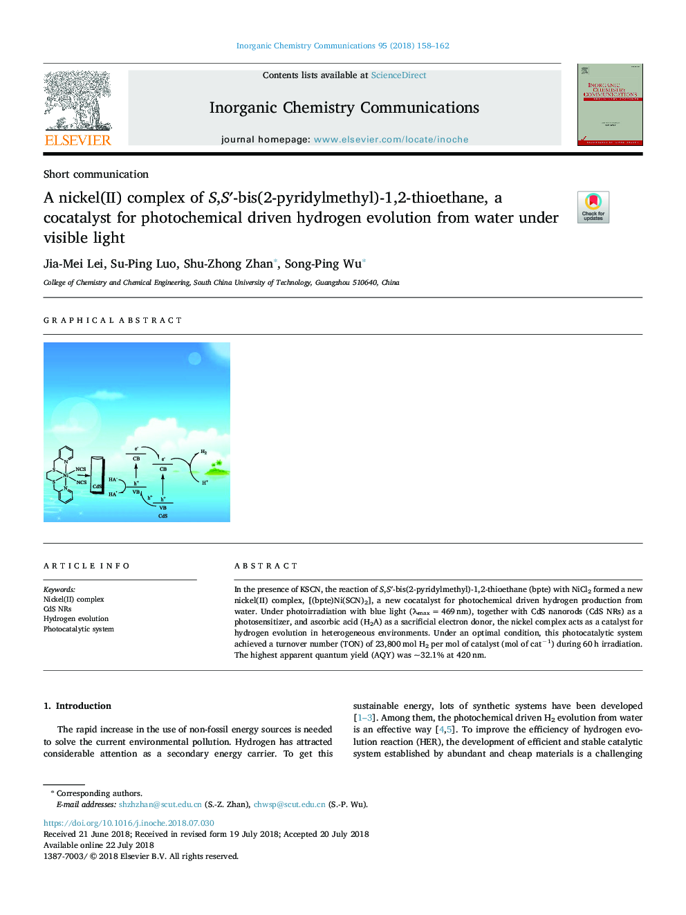 A nickel(II) complex of S,Sâ²-bis(2-pyridylmethyl)-1,2-thioethane, a cocatalyst for photochemical driven hydrogen evolution from water under visible light