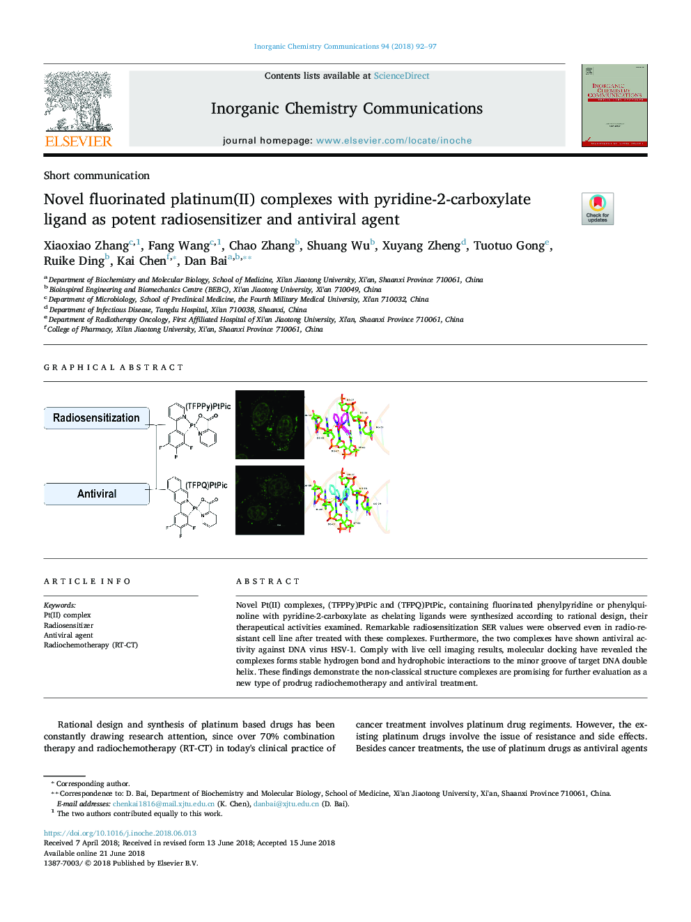 Novel fluorinated platinum(II) complexes with pyridine-2-carboxylate ligand as potent radiosensitizer and antiviral agent