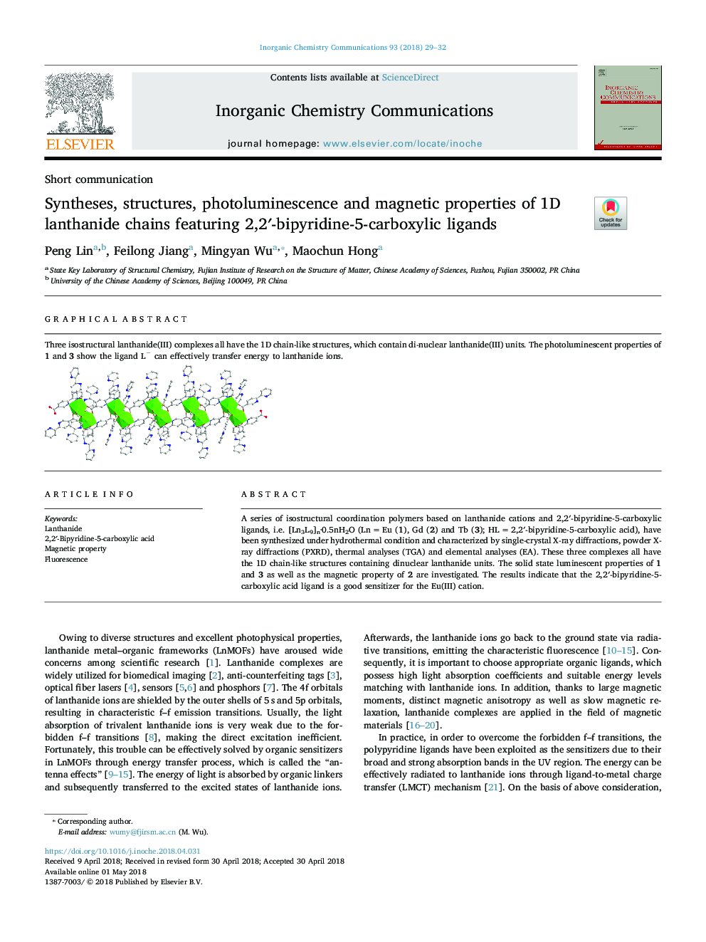 Syntheses, structures, photoluminescence and magnetic properties of 1D lanthanide chains featuring 2,2â²-bipyridine-5-carboxylic ligands