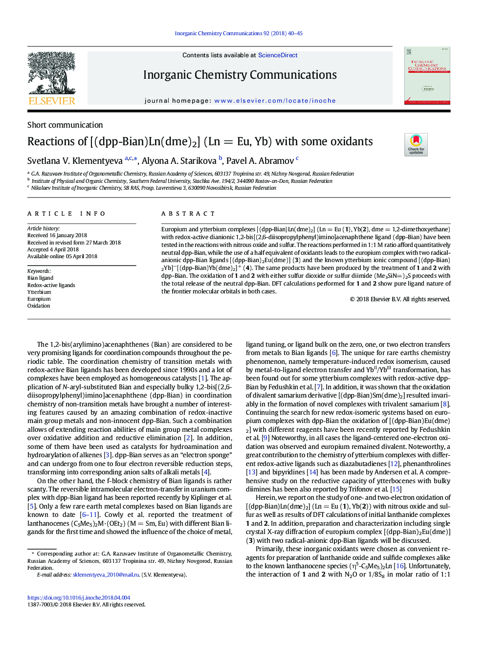 Reactions of [(dpp-Bian)Ln(dme)2] (LnÂ =Â Eu, Yb) with some oxidants