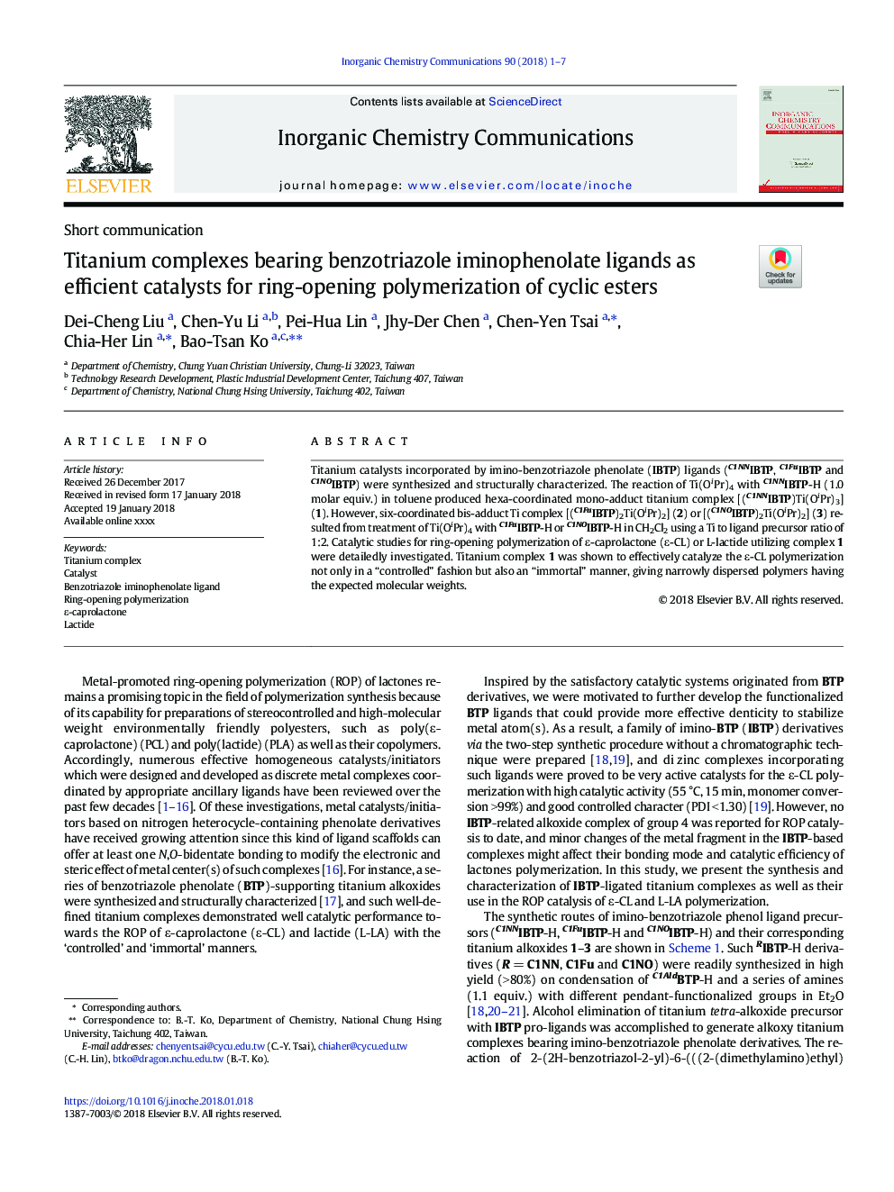 Titanium complexes bearing benzotriazole iminophenolate ligands as efficient catalysts for ring-opening polymerization of cyclic esters