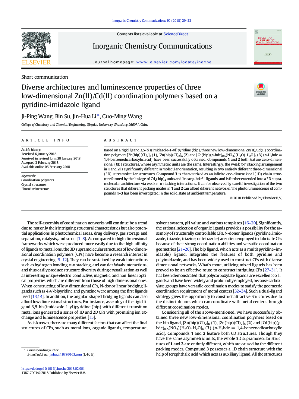 Diverse architectures and luminescence properties of three low-dimensional Zn(II)/Cd(II) coordination polymers based on a pyridine-imidazole ligand