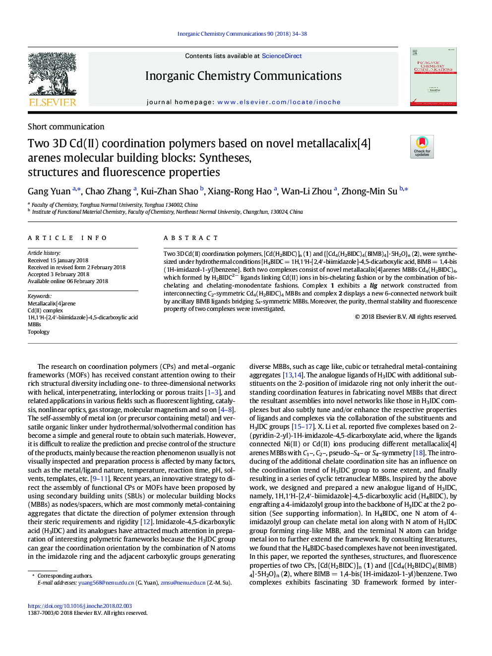 Two 3D Cd(II) coordination polymers based on novel metallacalix[4]arenes molecular building blocks: Syntheses, structures and fluorescence properties