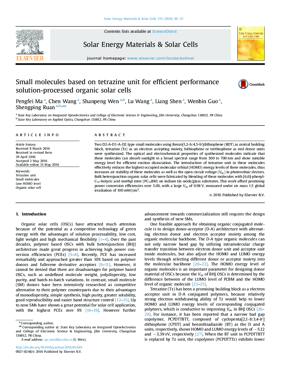 Small molecules based on tetrazine unit for efficient performance solution-processed organic solar cells