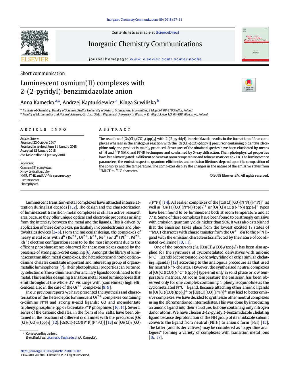 Luminescent osmium(II) complexes with 2-(2-pyridyl)-benzimidazolate anion