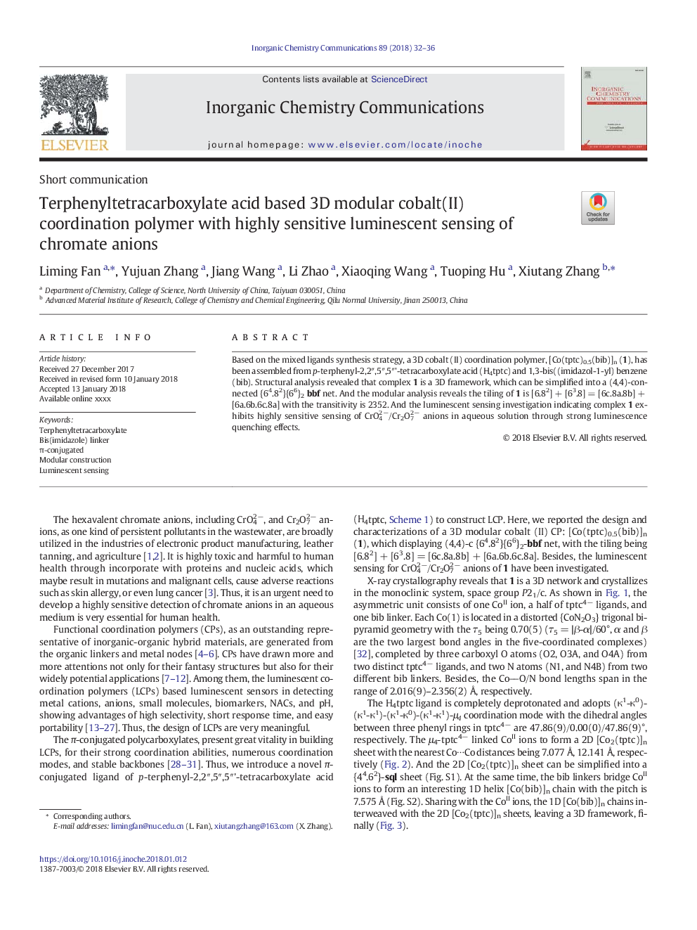 Terphenyltetracarboxylate acid based 3D modular cobalt(II) coordination polymer with highly sensitive luminescent sensing of chromate anions