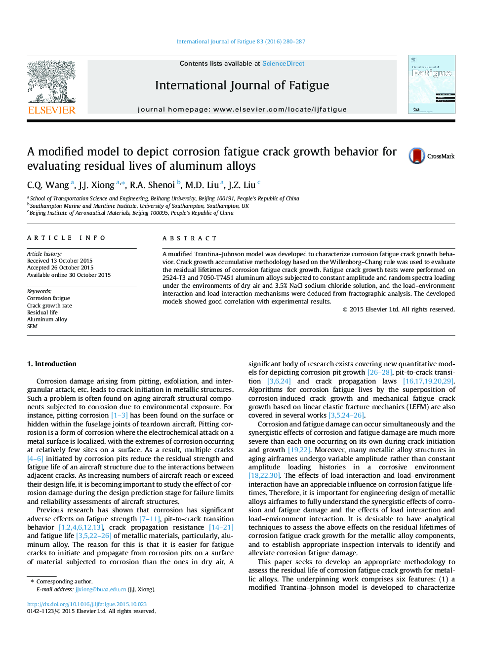 A modified model to depict corrosion fatigue crack growth behavior for evaluating residual lives of aluminum alloys