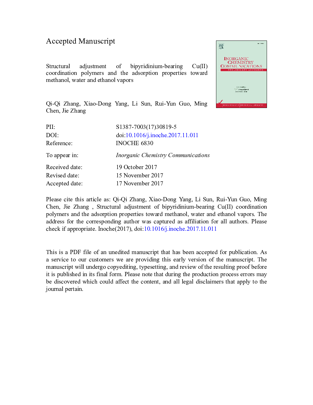 Structural adjustment of bipyridinium-bearing Cu(II) coordination polymers and the adsorption properties toward methanol, water and ethanol vapors