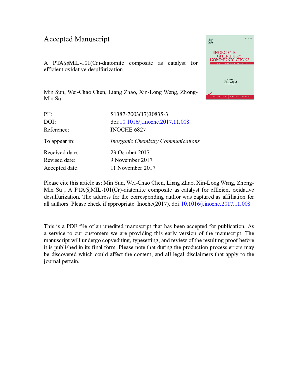 A PTA@MIL-101(Cr)-diatomite composite as catalyst for efficient oxidative desulfurization