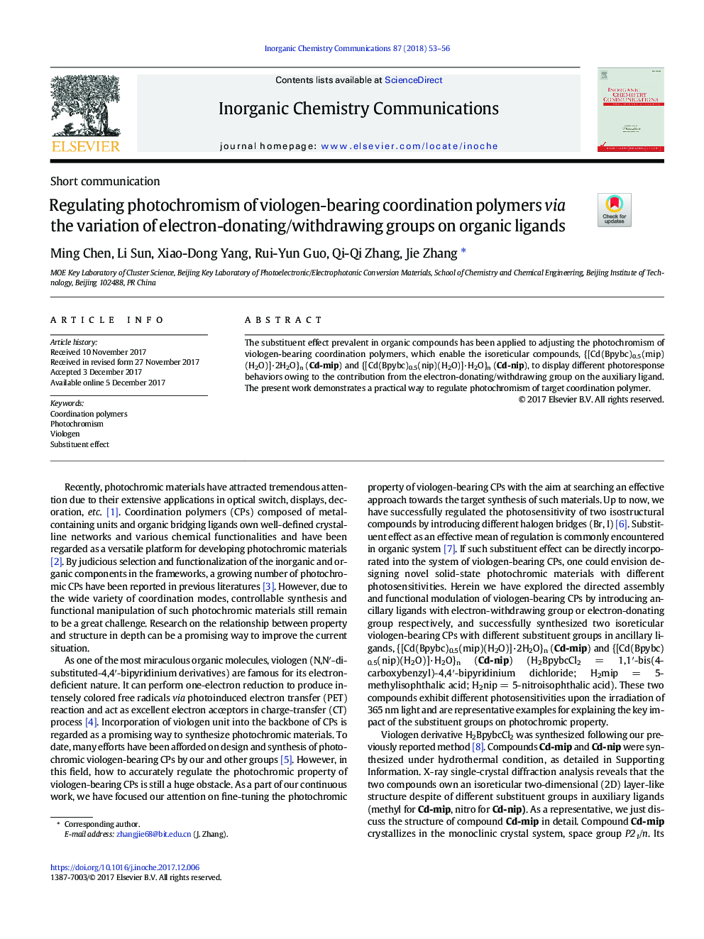 Regulating photochromism of viologen-bearing coordination polymers via the variation of electron-donating/withdrawing groups on organic ligands