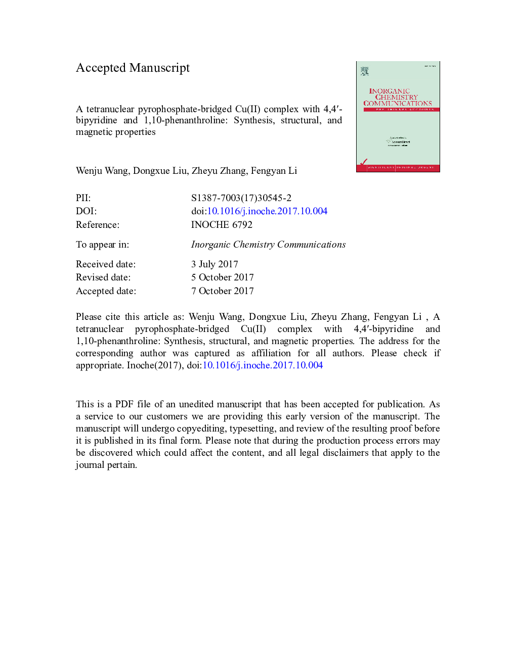 A tetranuclear pyrophosphate-bridged Cu(II) complex with 4,4â²-bipyridine and 1,10-phenanthroline: Synthesis, structural, and magnetic properties