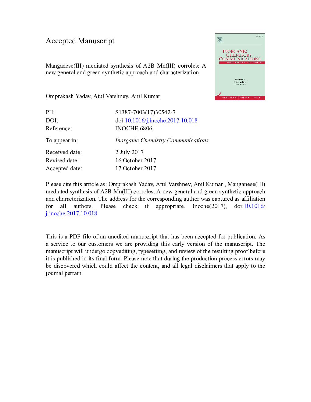 Manganese(III) mediated synthesis of A2B Mn(III) corroles: A new general and green synthetic approach and characterization