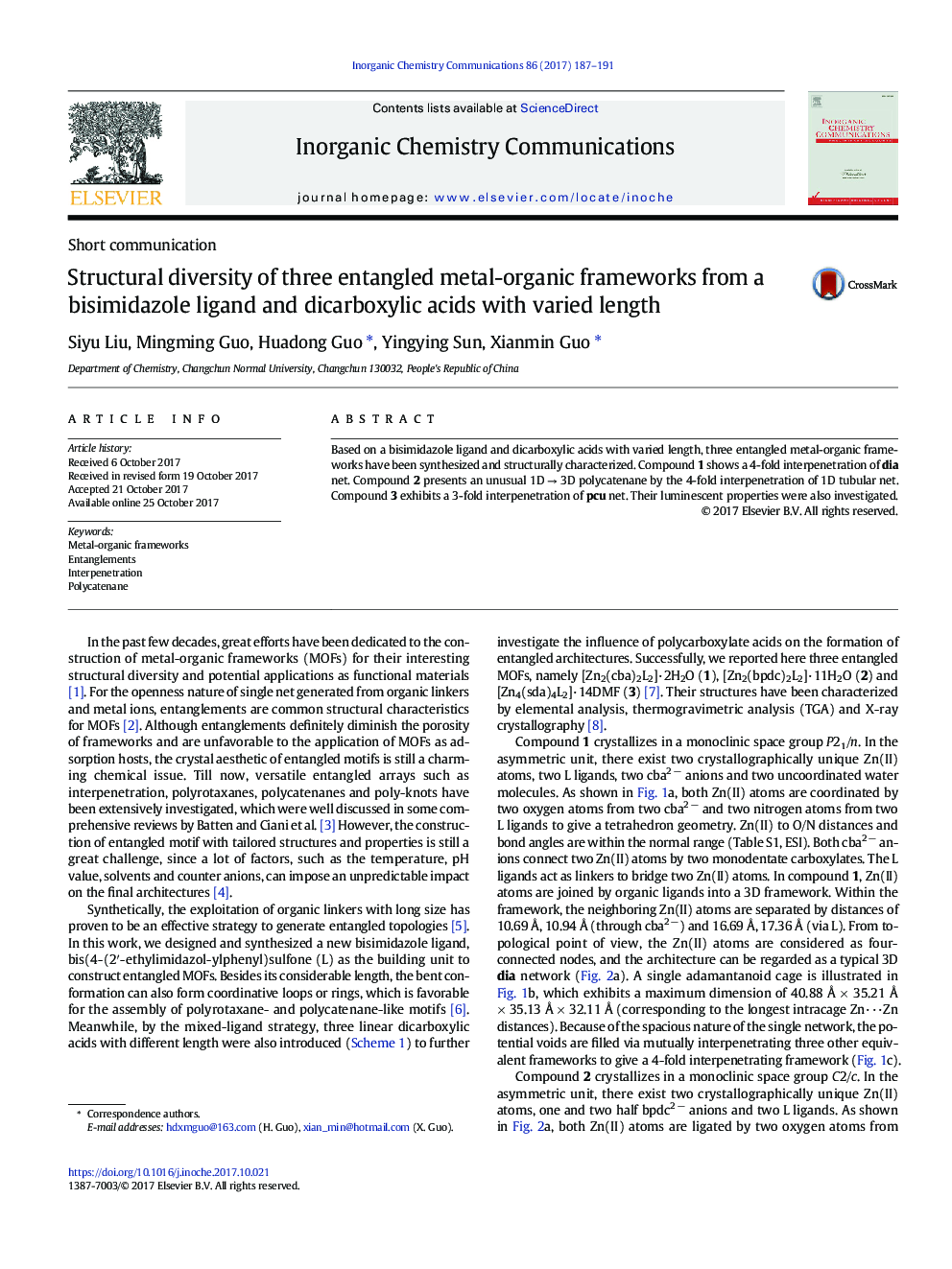 Structural diversity of three entangled metal-organic frameworks from a bisimidazole ligand and dicarboxylic acids with varied length