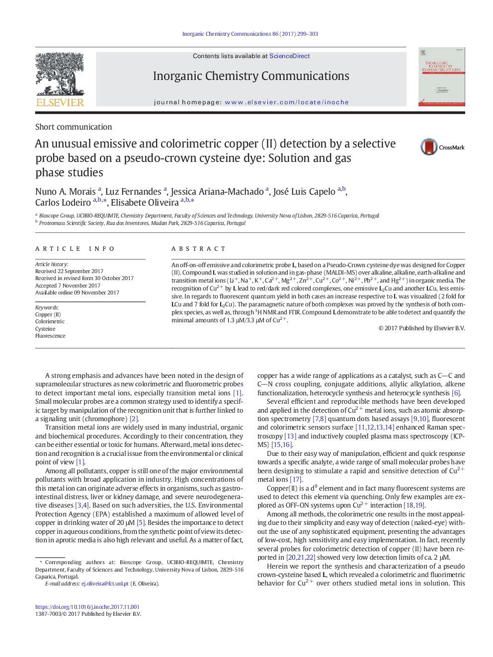 An unusual emissive and colorimetric copper (II) detection by a selective probe based on a pseudo-crown cysteine dye: Solution and gas phase studies