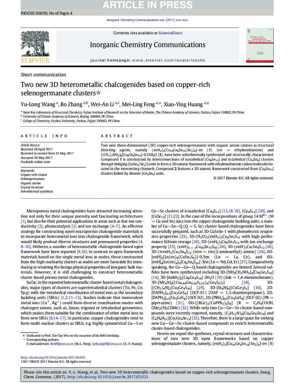 Two new 3D heterometallic chalcogenides based on copper-rich selenogermanate clusters