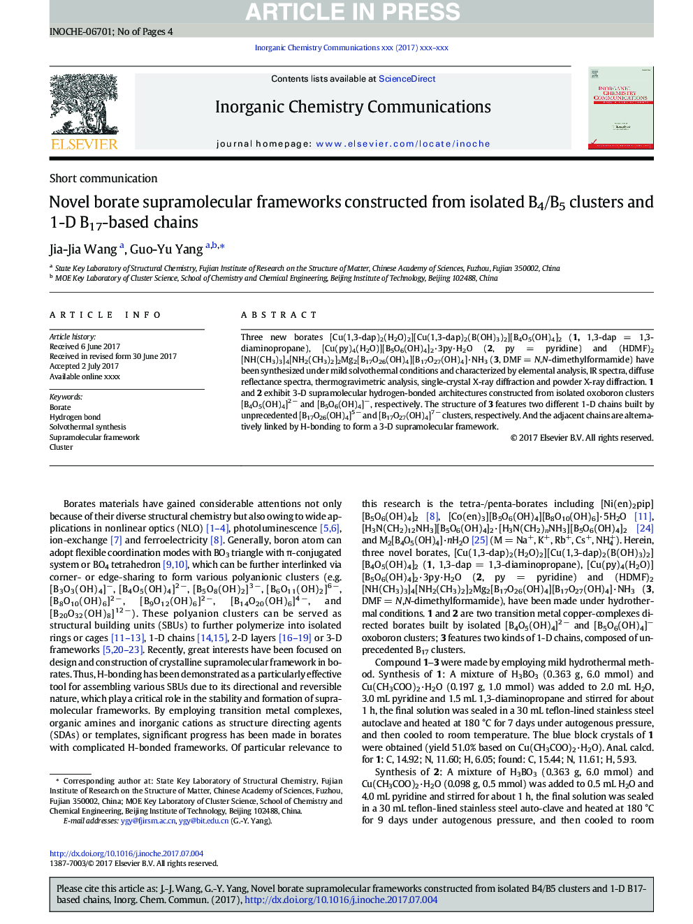 Novel borate supramolecular frameworks constructed from isolated B4/B5 clusters and 1-D B17-based chains