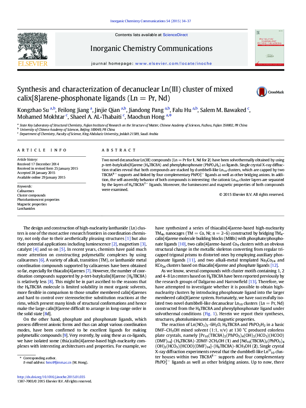 Synthesis and characterization of decanuclear Ln(III) cluster of mixed calix[8]arene-phosphonate ligands (LnÂ =Â Pr, Nd)