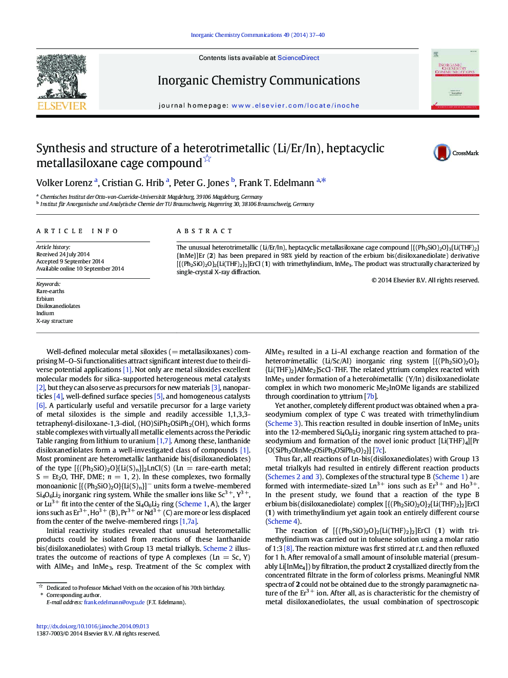 Synthesis and structure of a heterotrimetallic (Li/Er/In), heptacyclic metallasiloxane cage compound