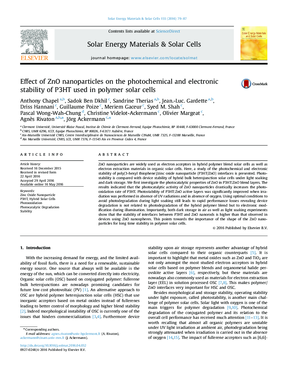 اثر نانوذرات ZnO بر ثبات فتوشیمیایی و الکترونیکی در P3HT مورد استفاده در سلول های خورشیدی پلیمری