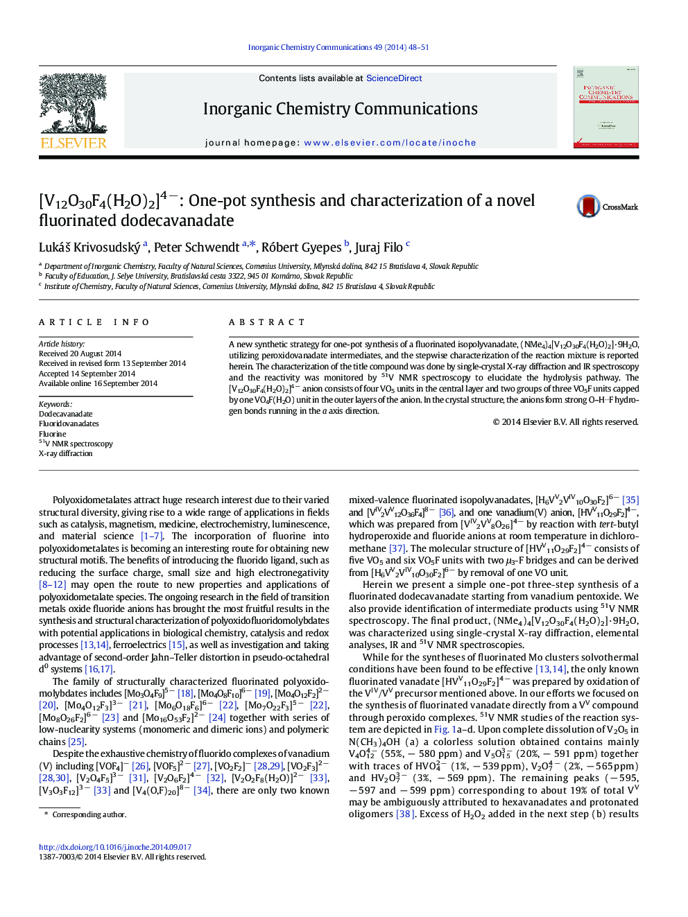 [V12O30F4(H2O)2]4Â â: One-pot synthesis and characterization of a novel fluorinated dodecavanadate