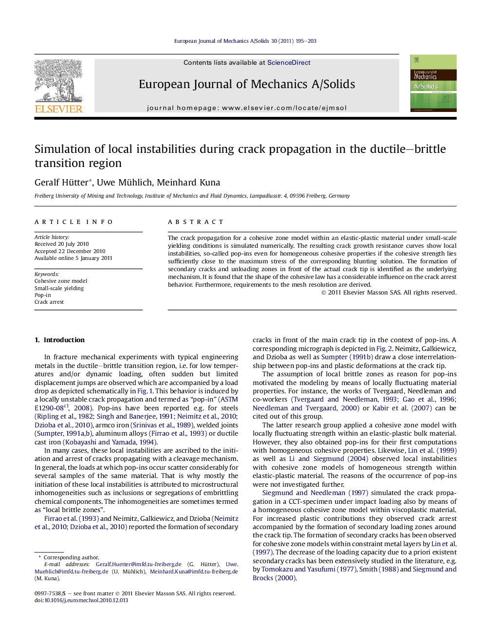 Simulation of local instabilities during crack propagation in the ductile–brittle transition region